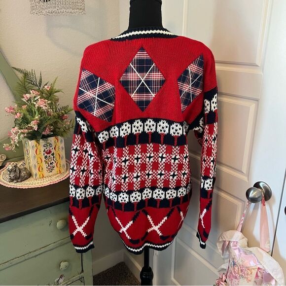 Vintage PBJ Sport 90s 80s Red Blue White Golf Prep Novelty Cardigan Sweater Sz M - Picture 11 of 16